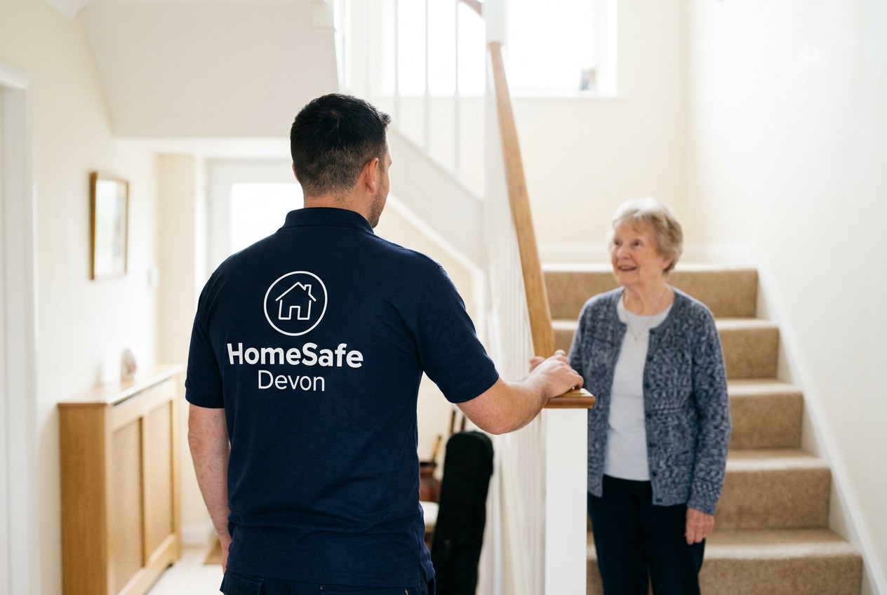 A HomeSafe Devon assessor at the foot of the stairs talking with an older woman, the HomeSafe Devon logo on the back of his polo shirt
