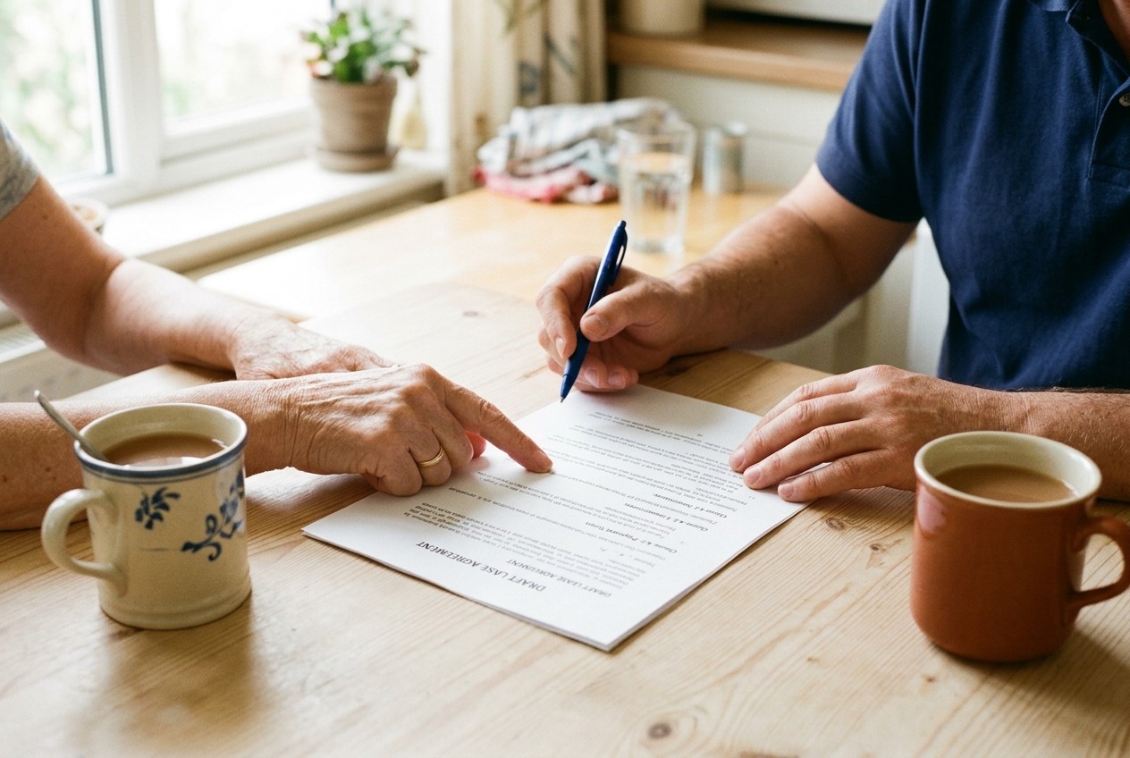 Two people reading a written plan with prices at a kitchen table