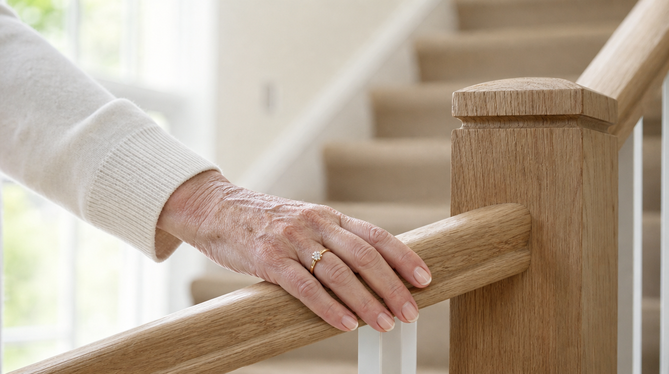 An older woman's hand resting on a new pale oak stair rail in daylight