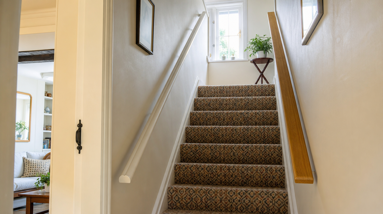 A cottage staircase with a handrail on both sides, one newly fitted in pale oak, in bright morning light