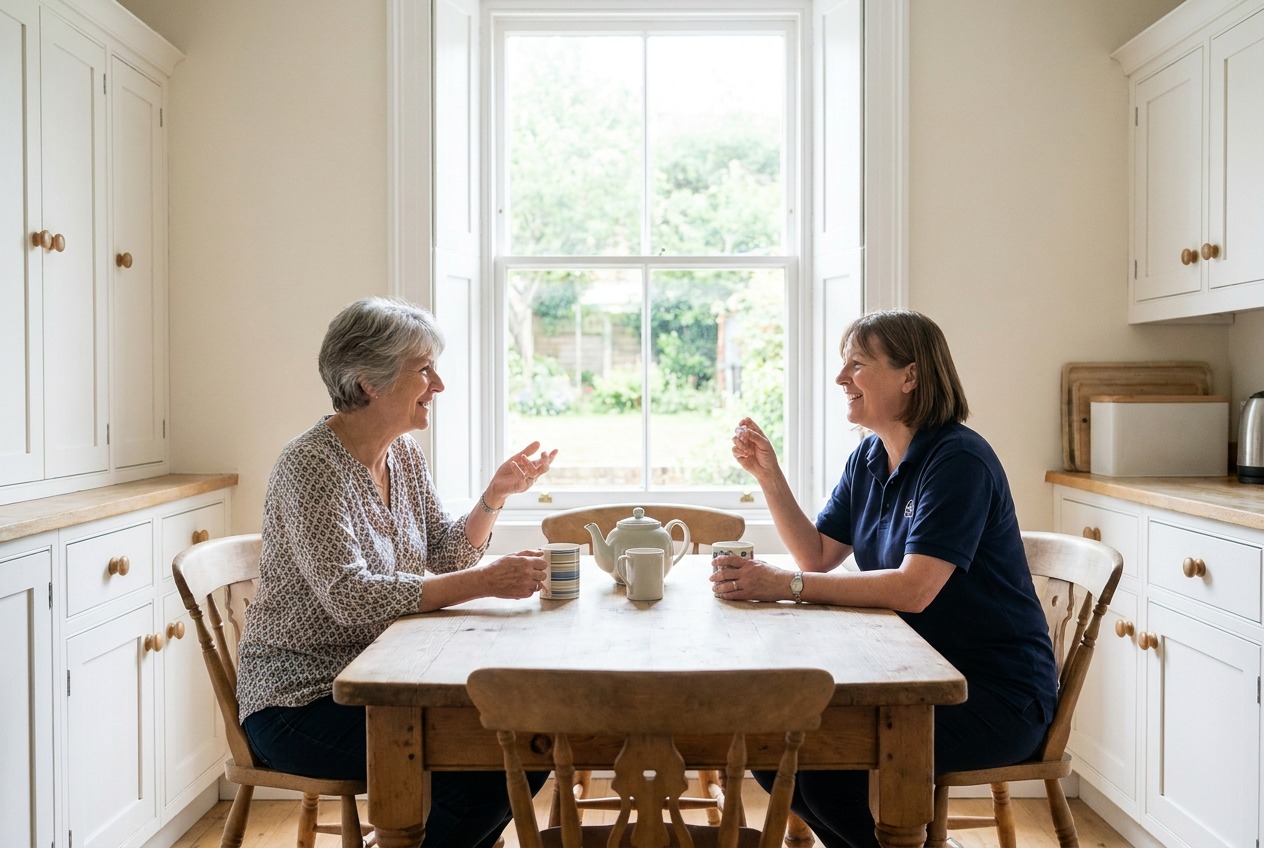 An older woman and a HomeSafe Devon visitor sitting at her kitchen table with cups of tea