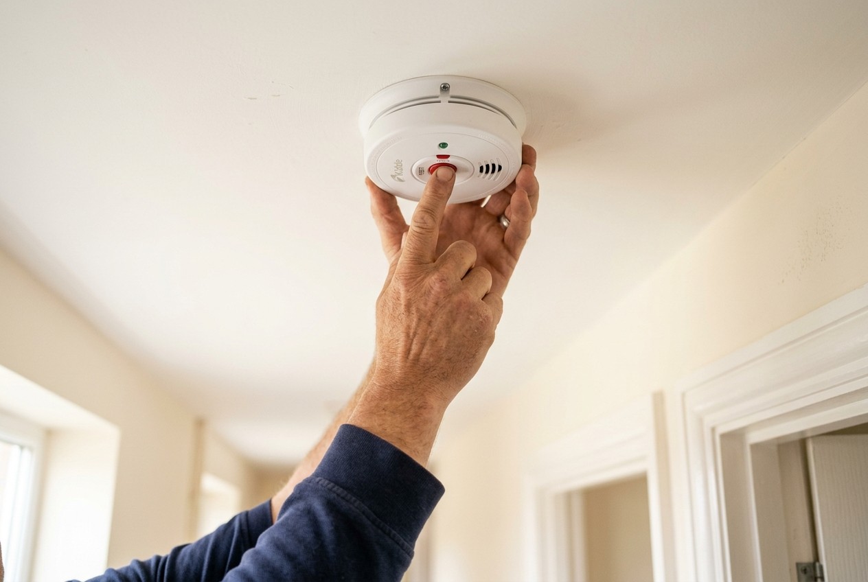 A HomeSafe Devon visitor pressing the test button on a smoke alarm during a check-in visit