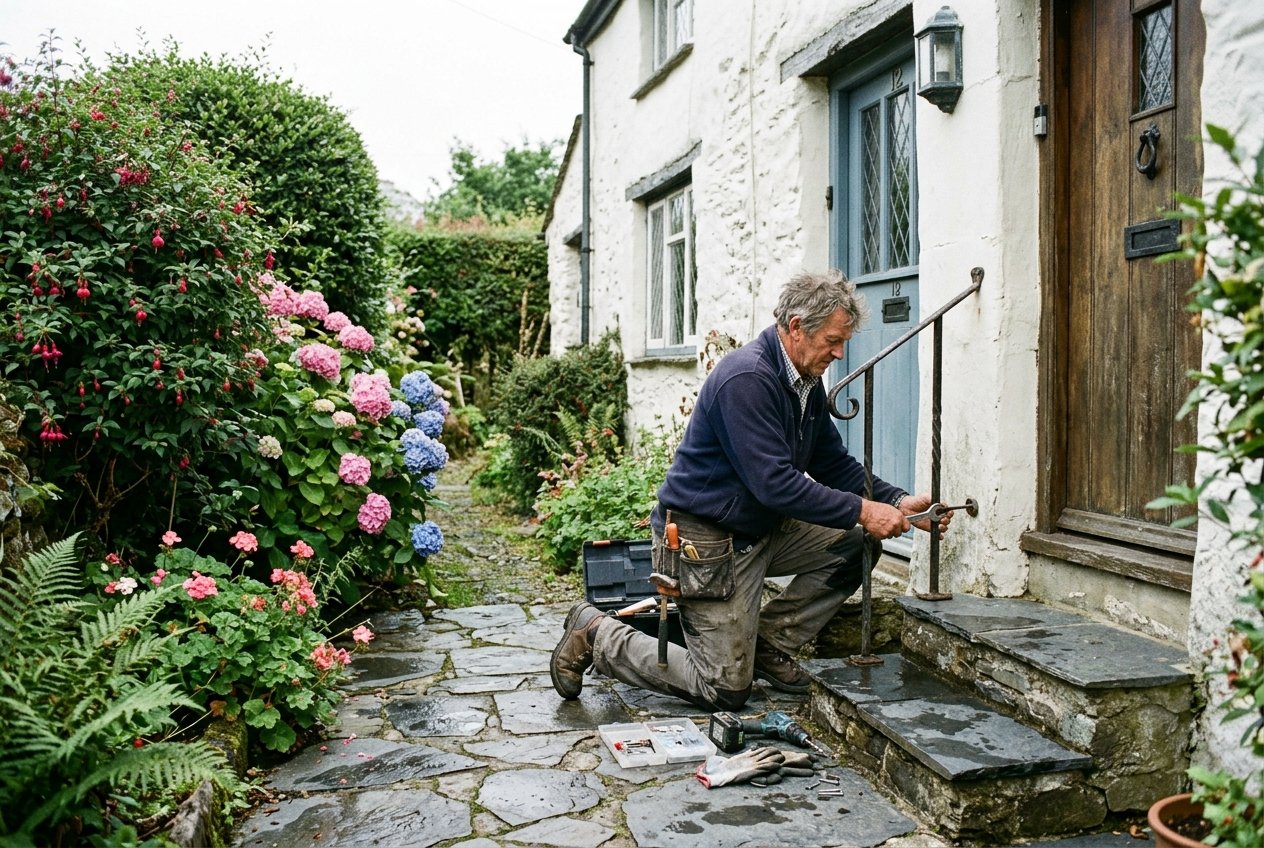 A workman fitting a handrail beside the stone steps of a Devon cottage