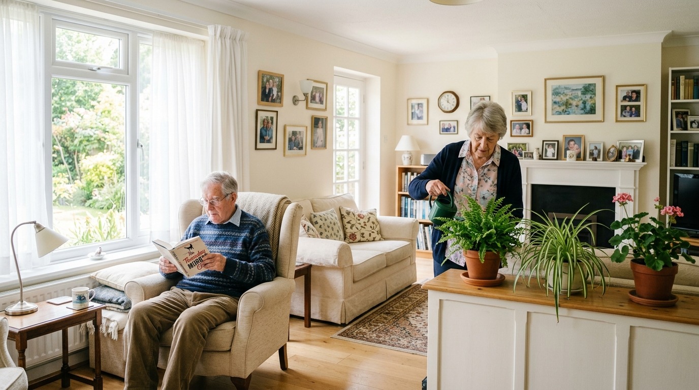 An older couple in their own sitting room, one reading and one watering plants