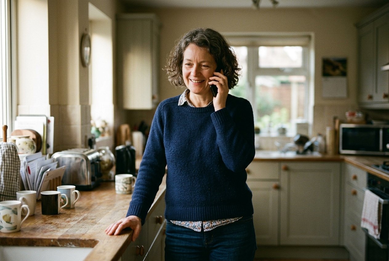 A woman in her fifties on the phone in her kitchen, looking relieved