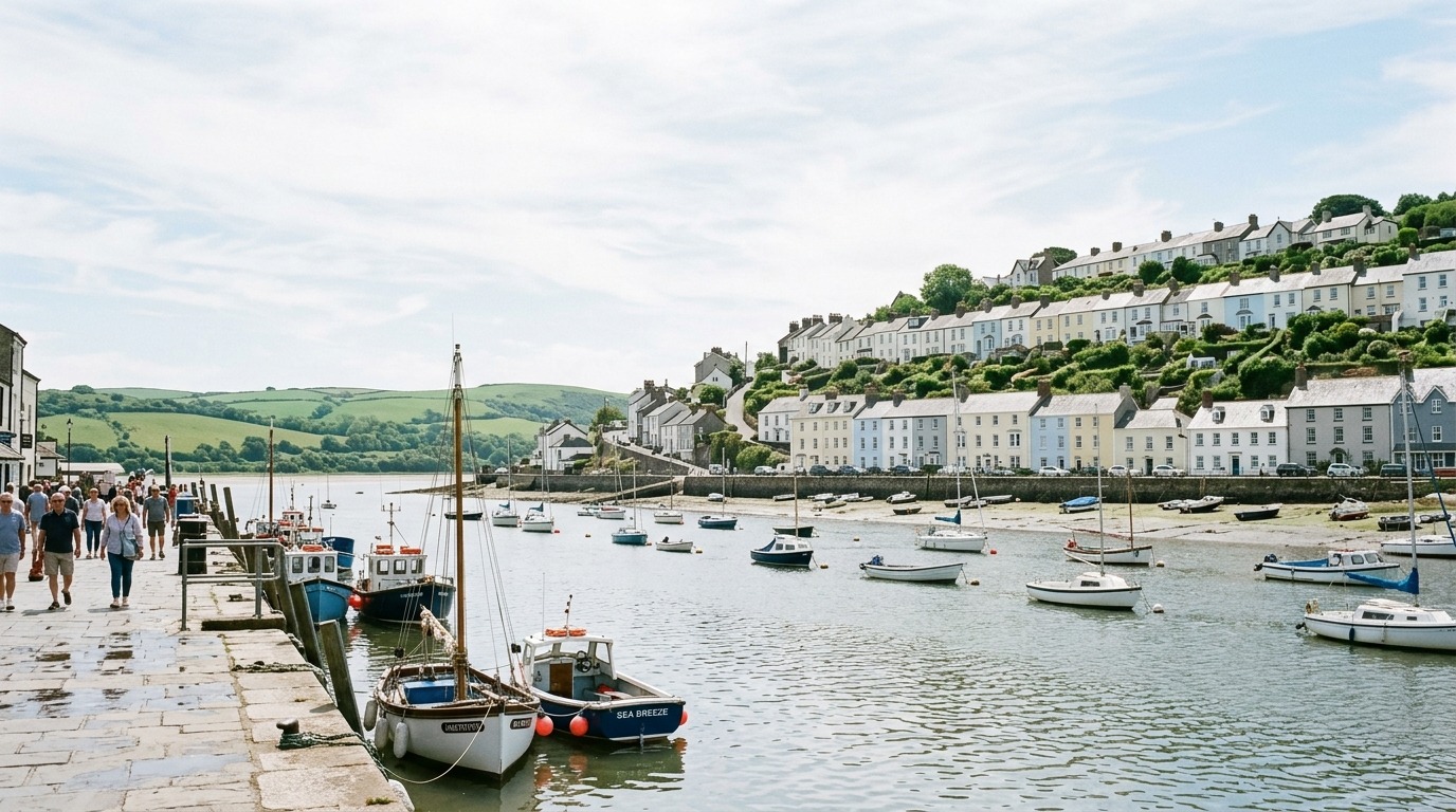 Boats on the estuary below a row of painted North Devon houses