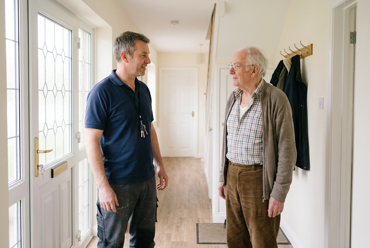 A HomeSafe Devon assessor and an older man talking in the hallway of his home, both standing