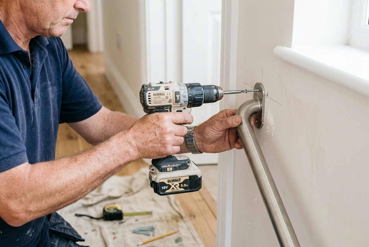 A tradesperson drilling a stainless grab rail into the wall beside a doorway