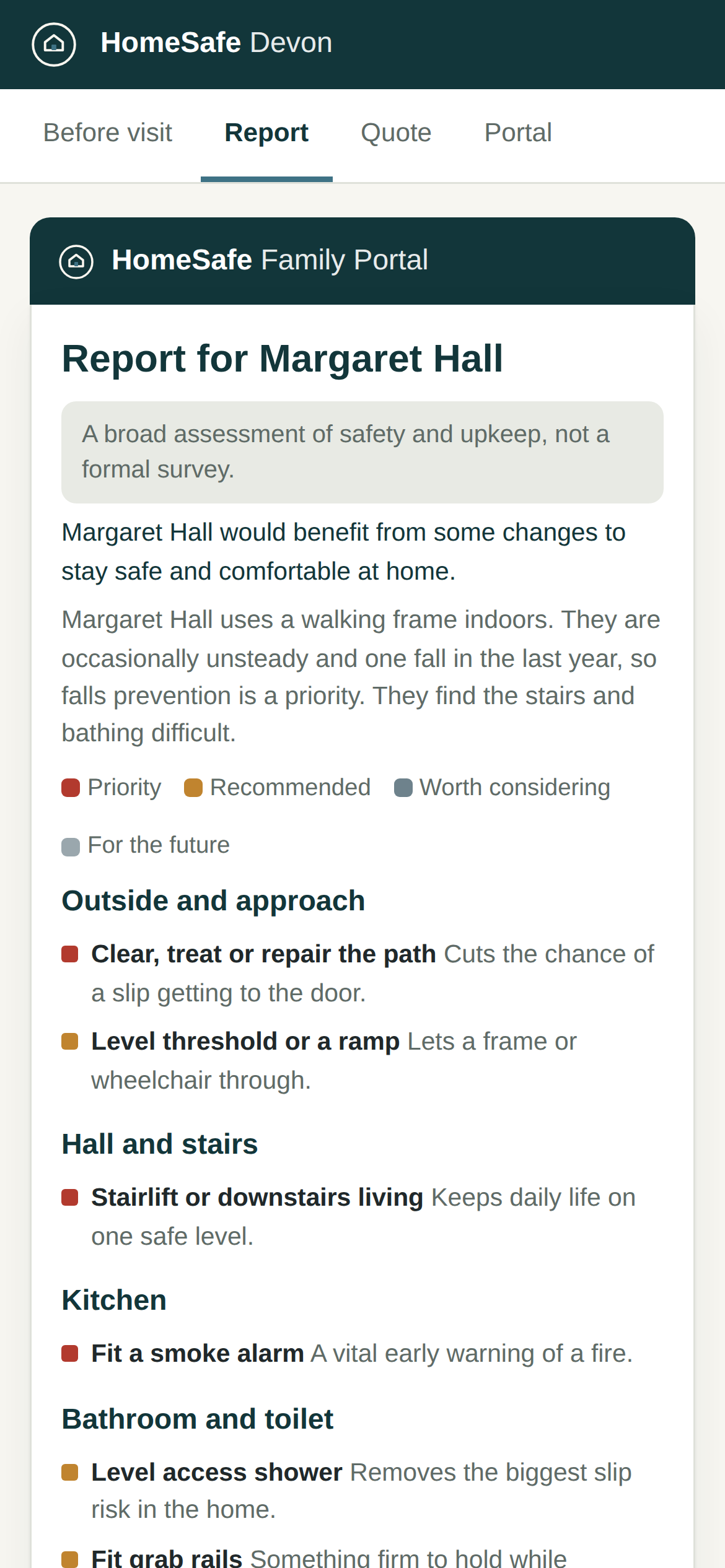 The HomeSafe Devon family portal on a phone, showing a written home report with each suggestion marked as priority, recommended or worth considering