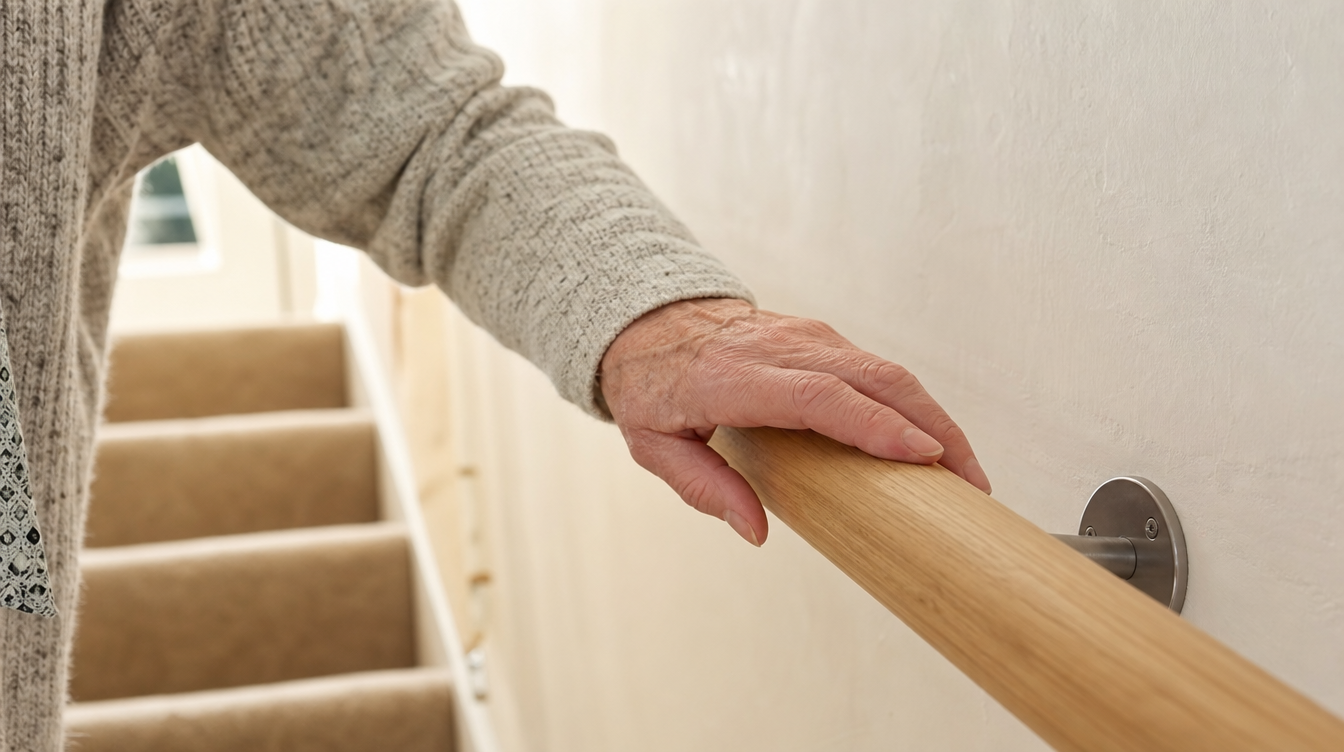 An older person's hand resting on a newly fitted handrail on the stairs