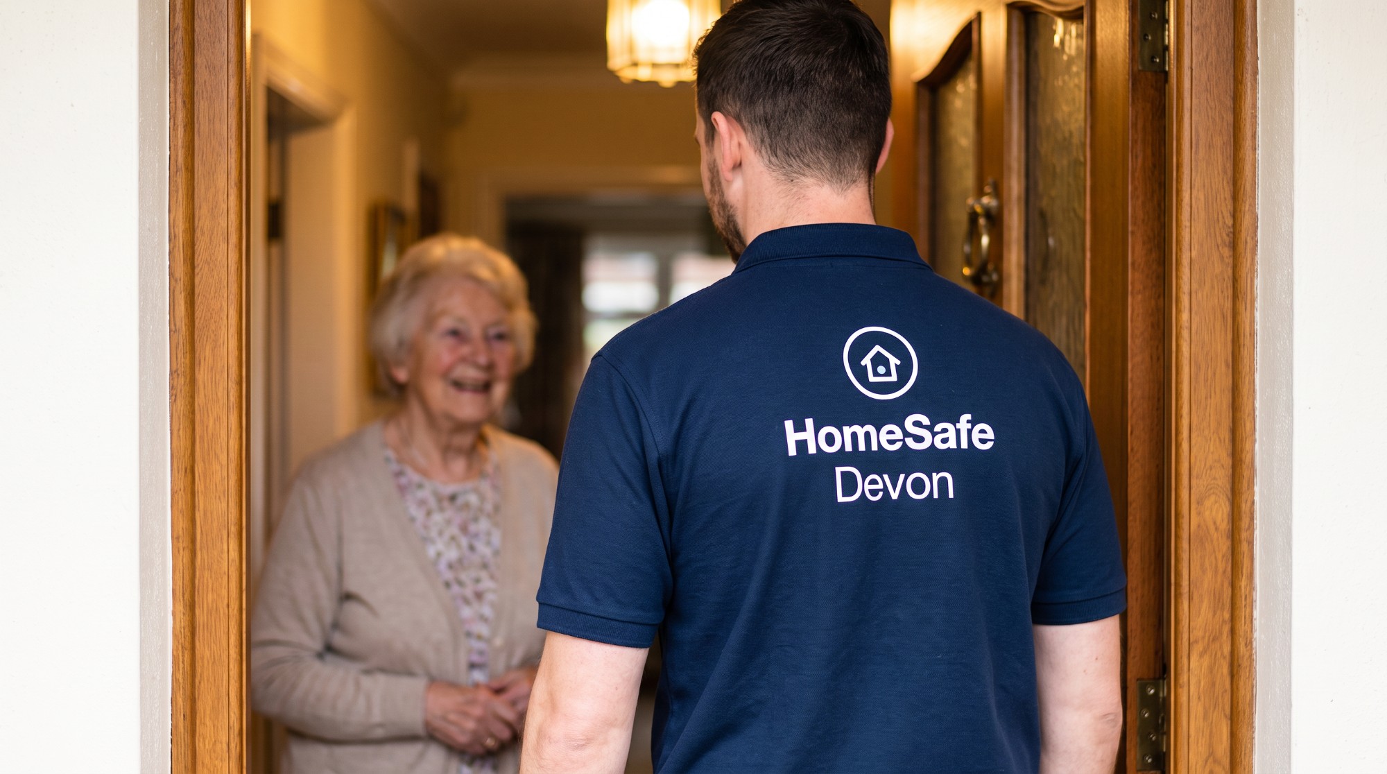 A HomeSafe Devon visitor in a branded navy polo shirt at an open front door, being welcomed in by a smiling older woman