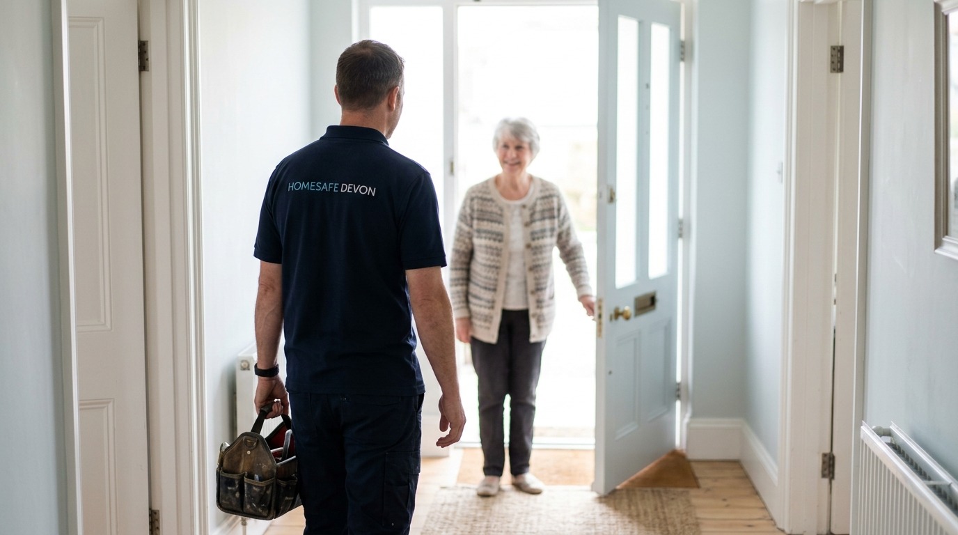 An older woman opening her front door to a HomeSafe Devon assessor