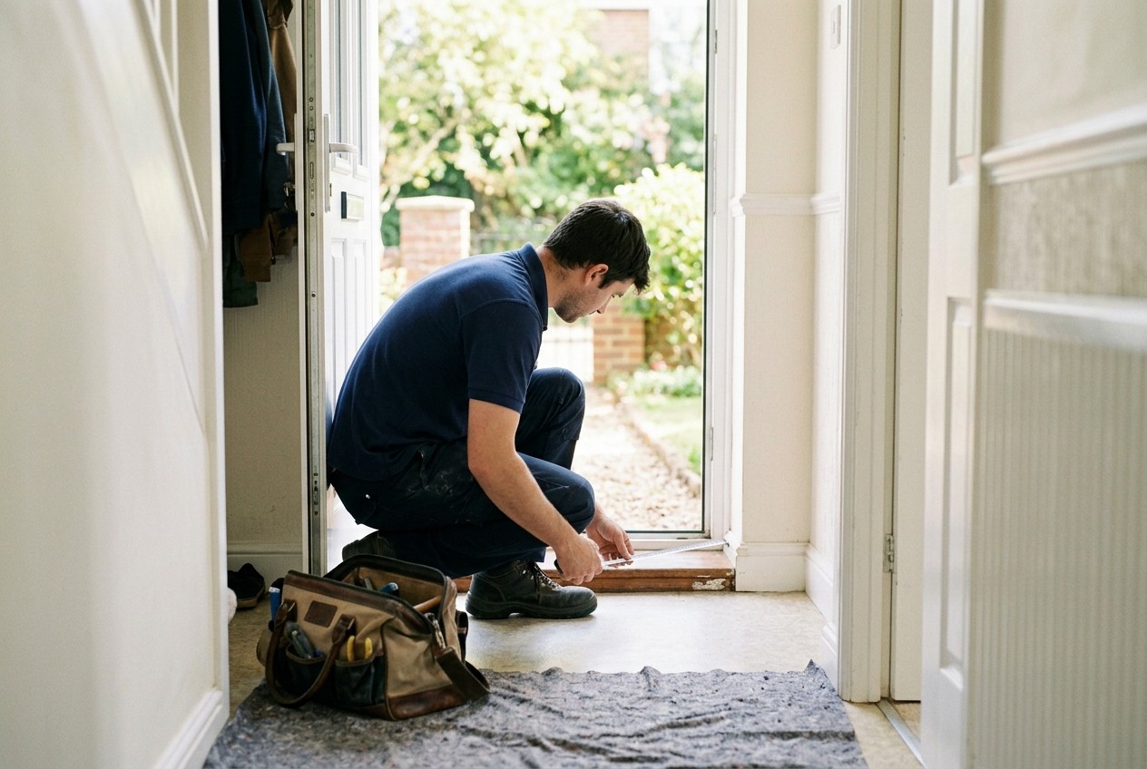 A fitter kneeling in a doorway measuring a threshold ramp