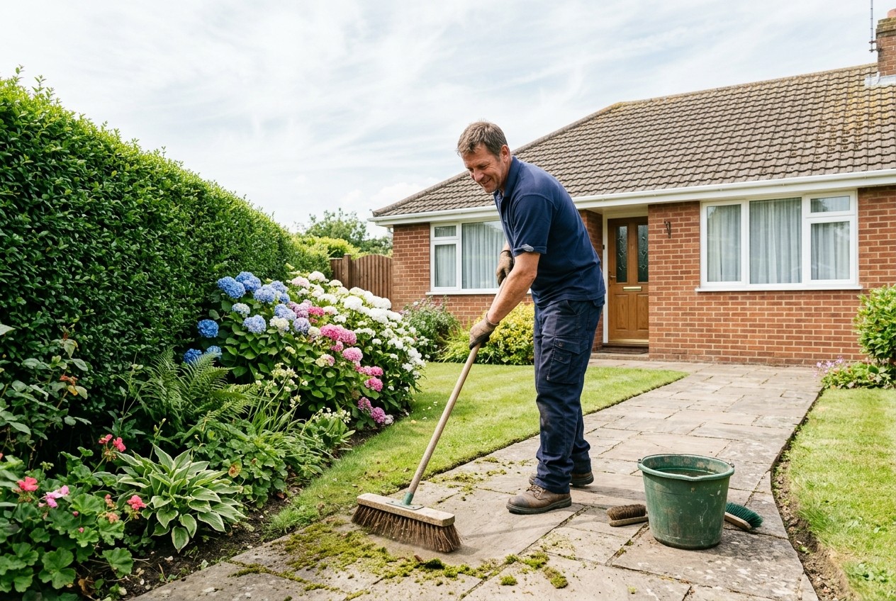 A HomeSafe Devon workman brushing moss off the garden path at a bungalow