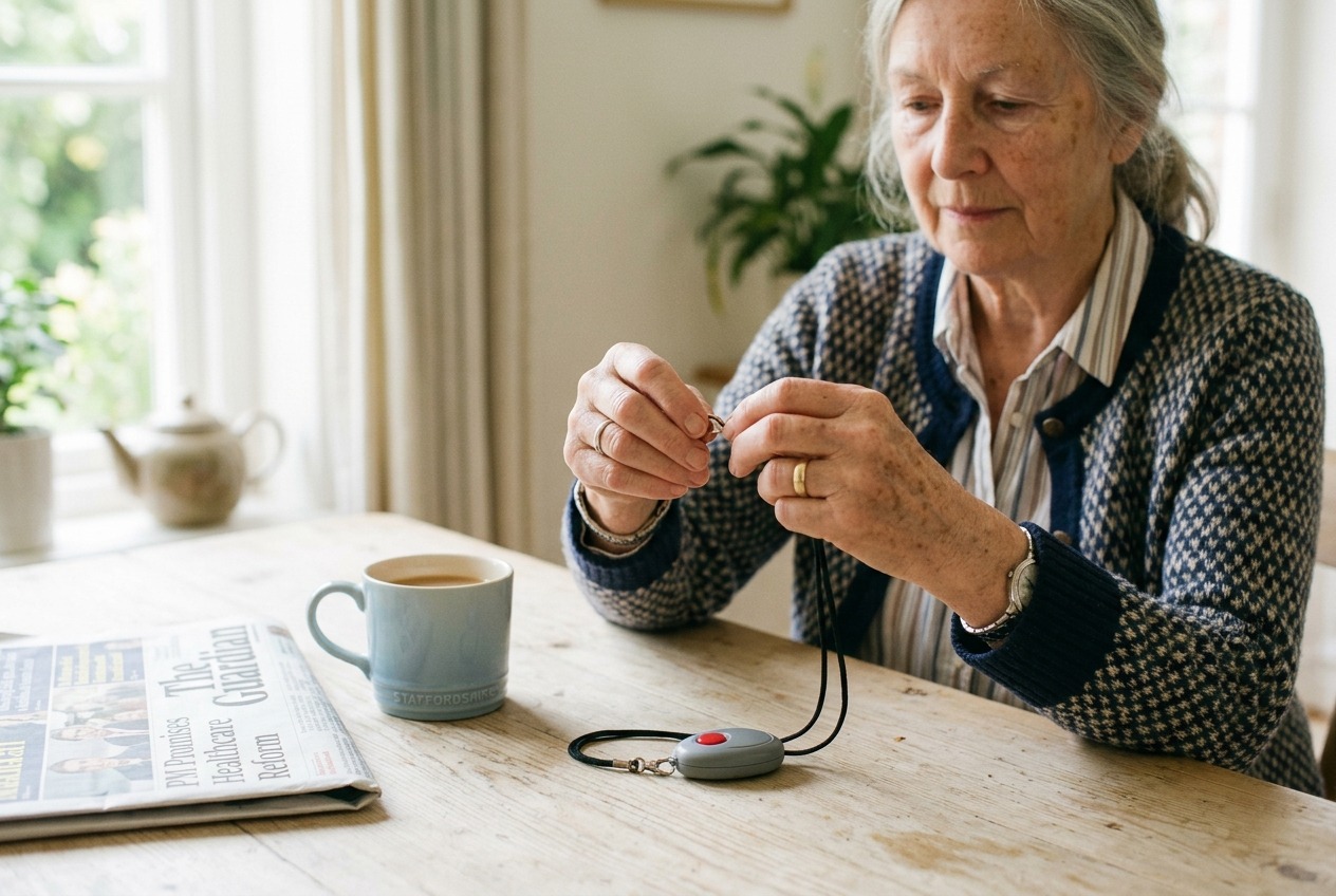 An older woman fastening a personal alarm pendant at her kitchen table