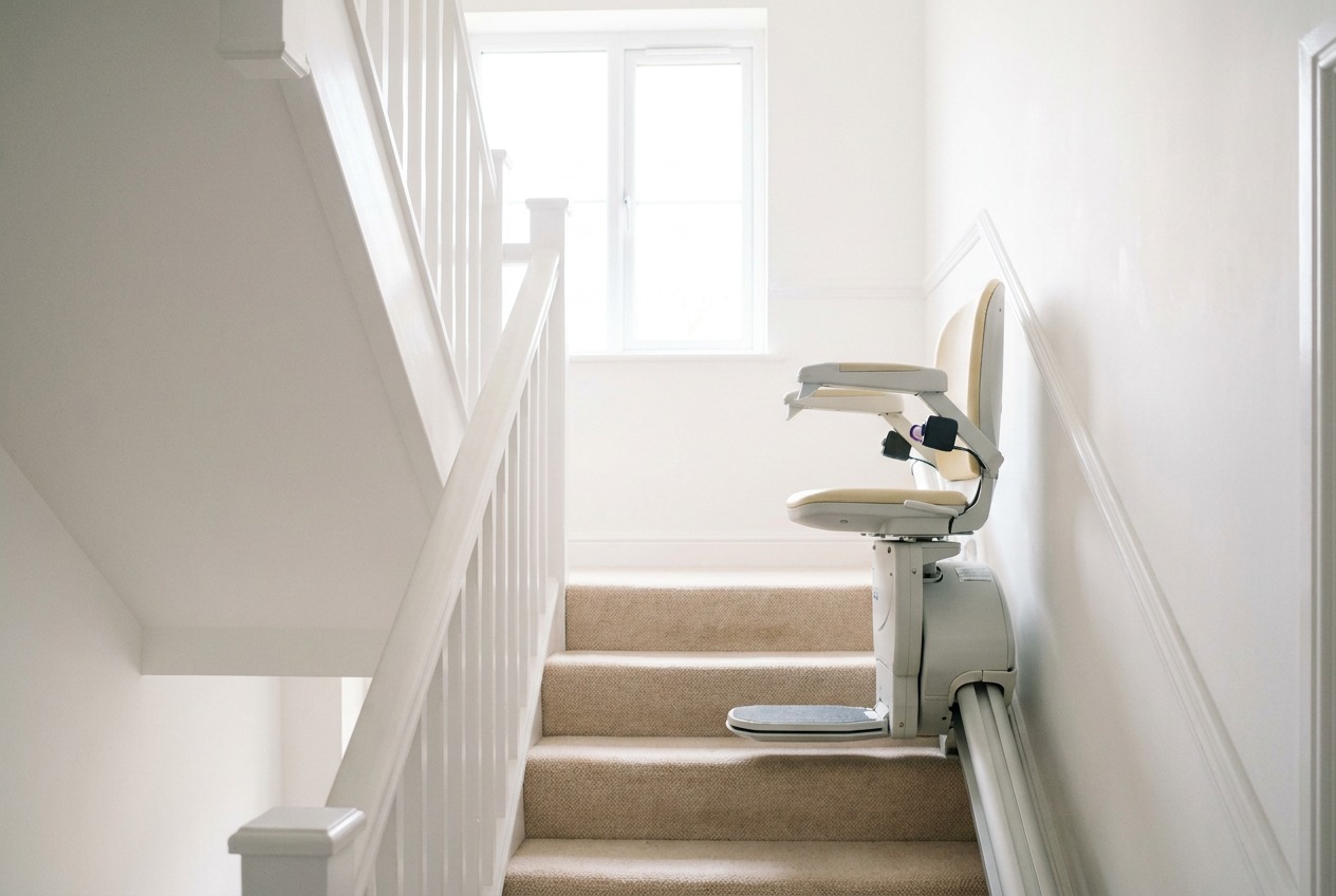 A stairlift fitted on a straight staircase in an ordinary home