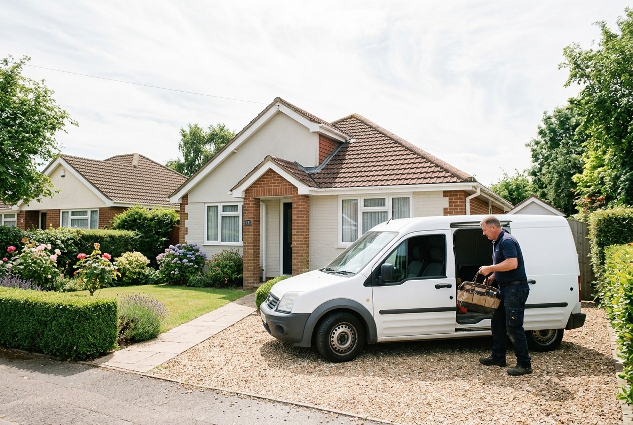 A HomeSafe Devon van on the drive of a Devon bungalow, tools being lifted out