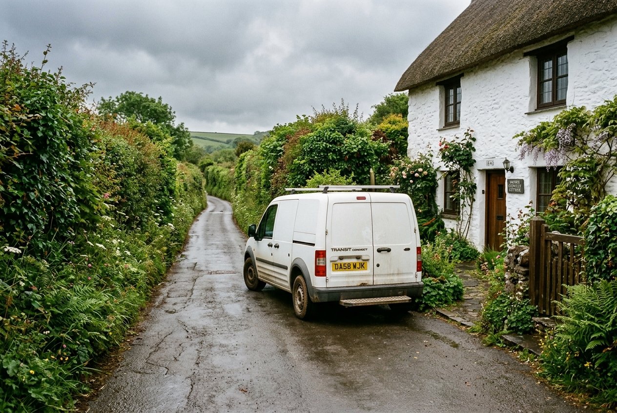 A HomeSafe Devon van on a narrow lane between Devon hedgebanks