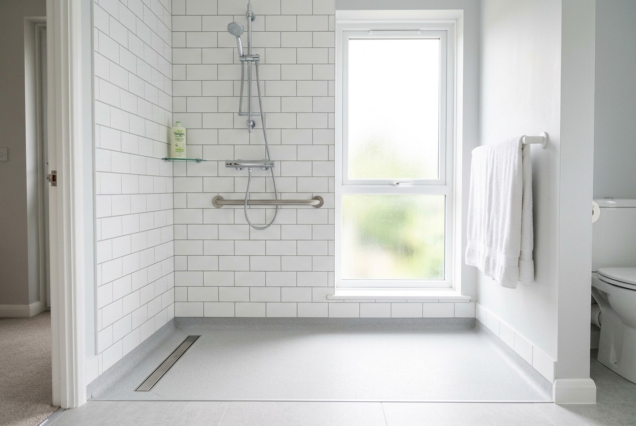 A level access wet room with a grab rail, in an ordinary home bathroom